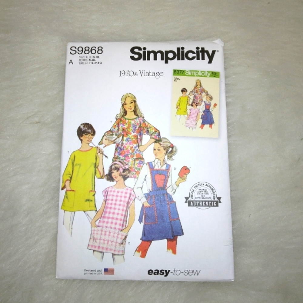 SIMPLICITY S9868 Sz S-XL Vintage 1970s style aprons in 3 styles EASY-TO-SEW